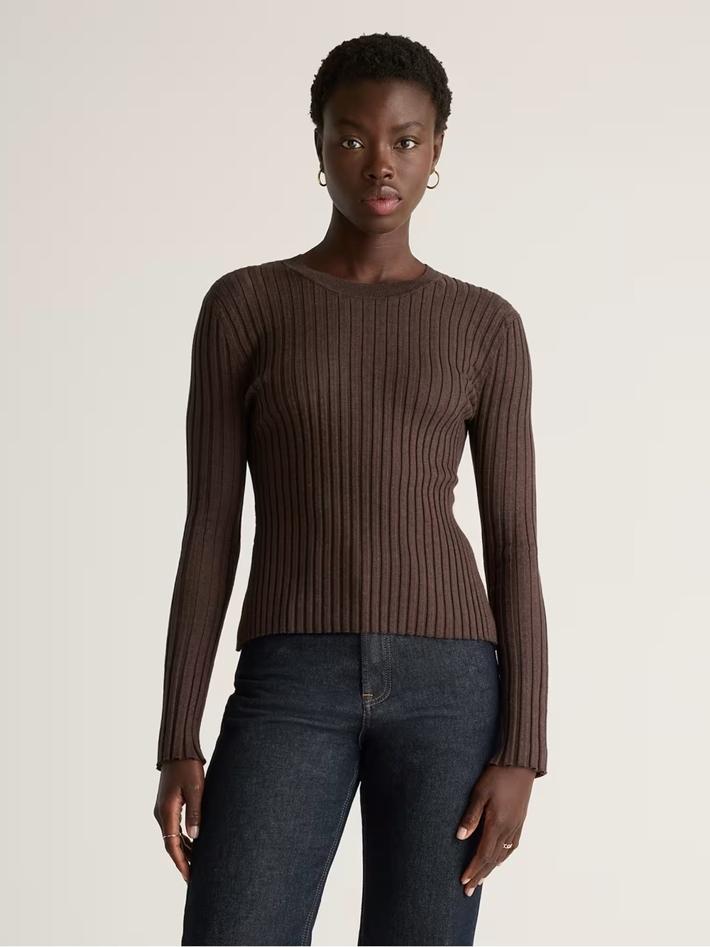 Quince Cotton Cashmere Ribbed Long Sleeve Sweater
